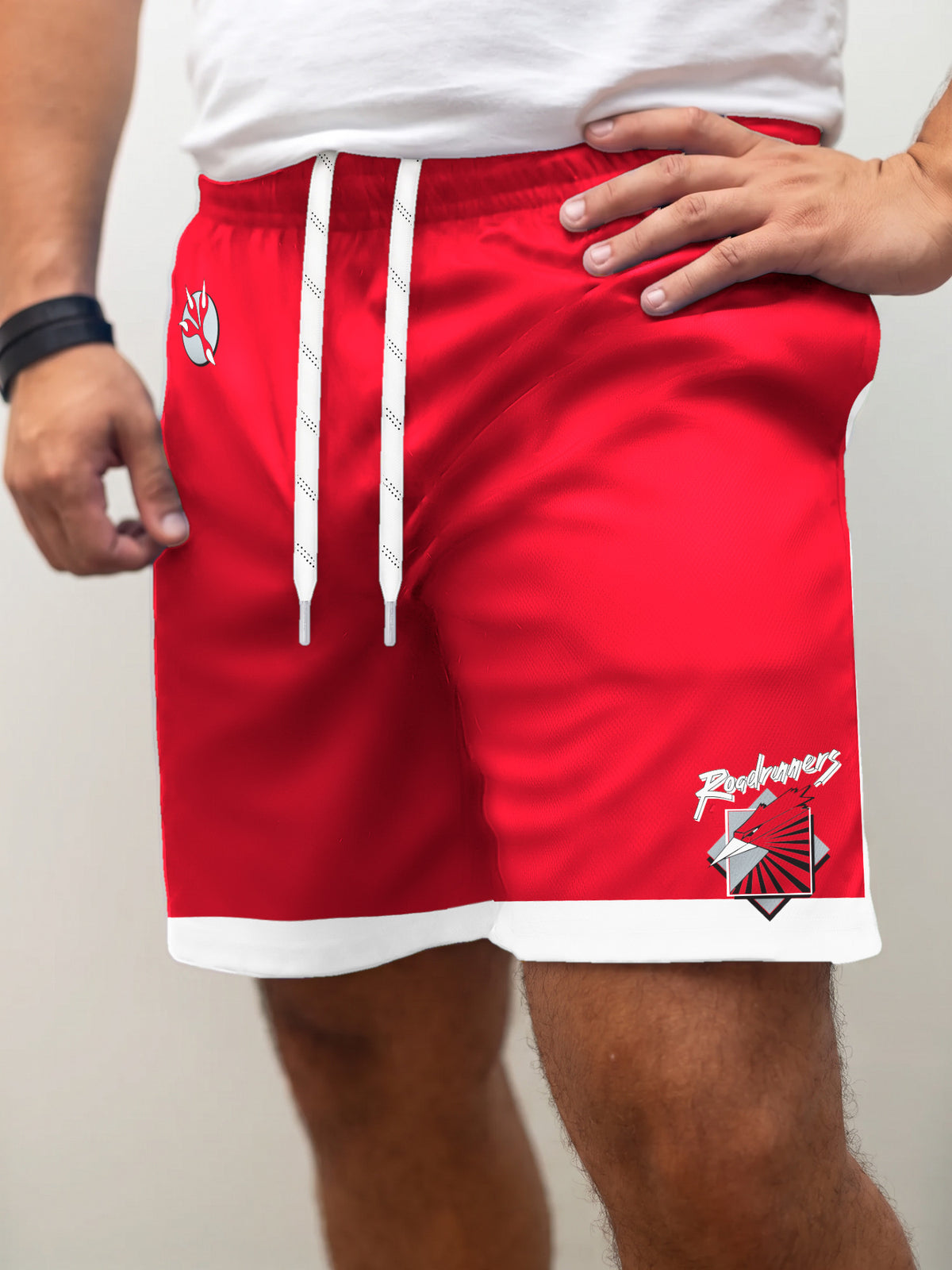 Model wearing the Bench Clearers Montreal Roadrunners Hockey Shorts - front view