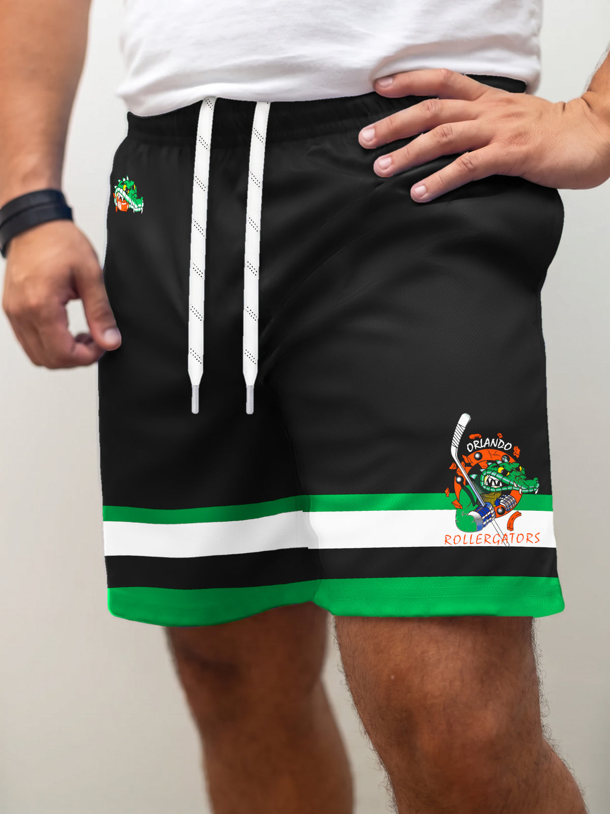 Model wearing the Bench Clearers Orlando Rollergators Away Hockey Shorts - front view