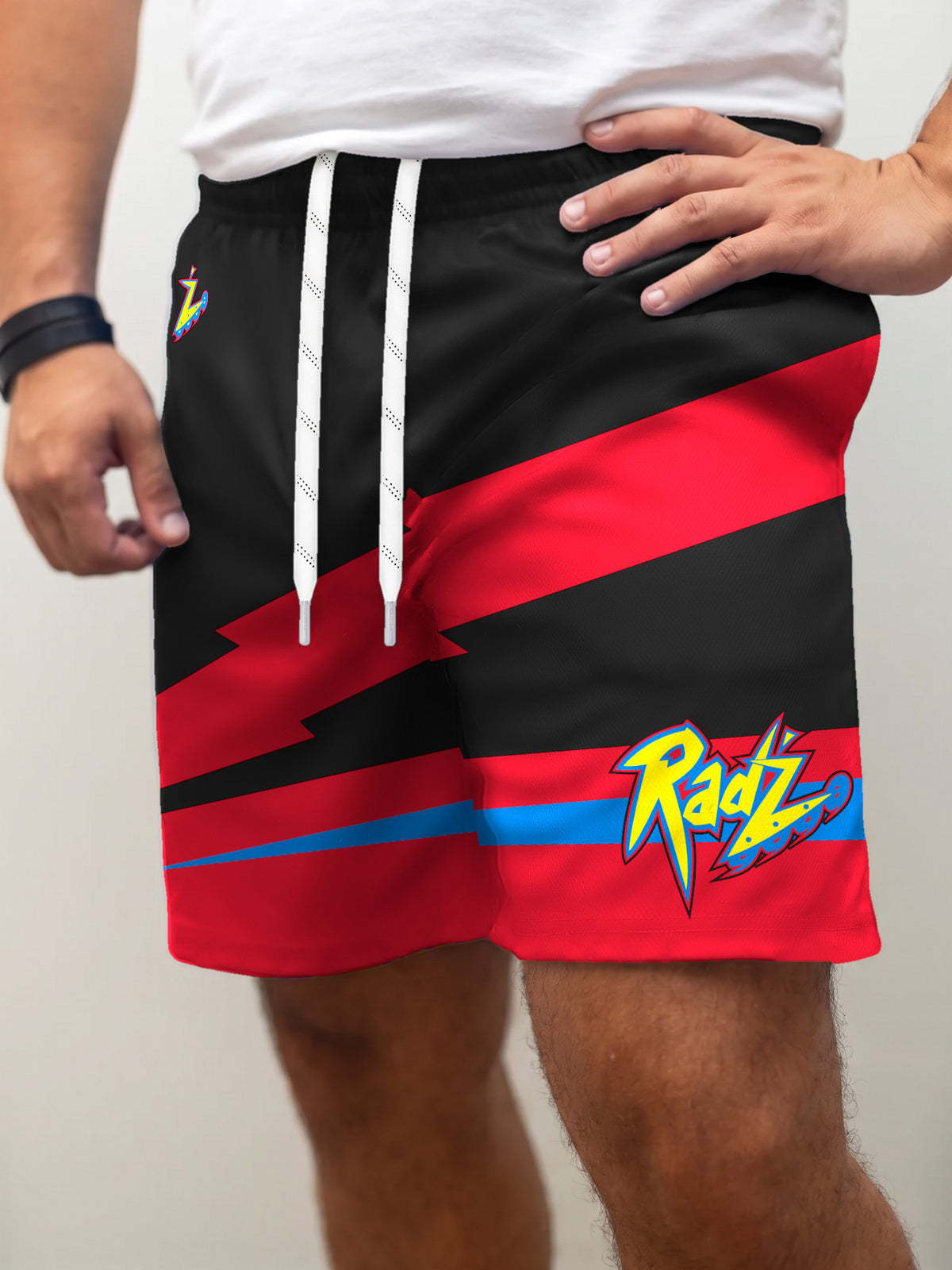Model wearing the Bench Clearers Calgary Rad'z Away Hockey Shorts - front view