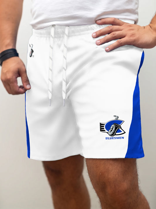 Model wearing the Bench Clearers Chicago Bluesmen Away Hockey Shorts - front view