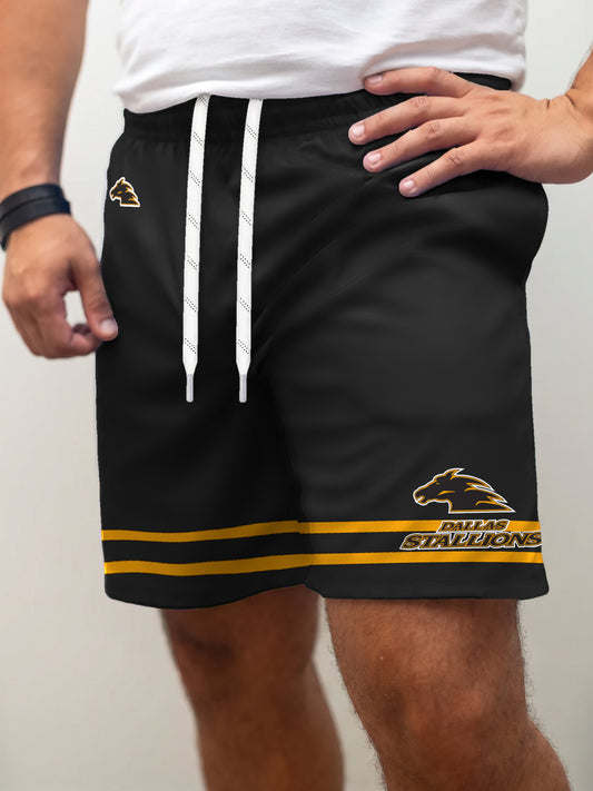 Model wearing the Bench Clearers Dallas Stallions Alternate Hockey Shorts - front view