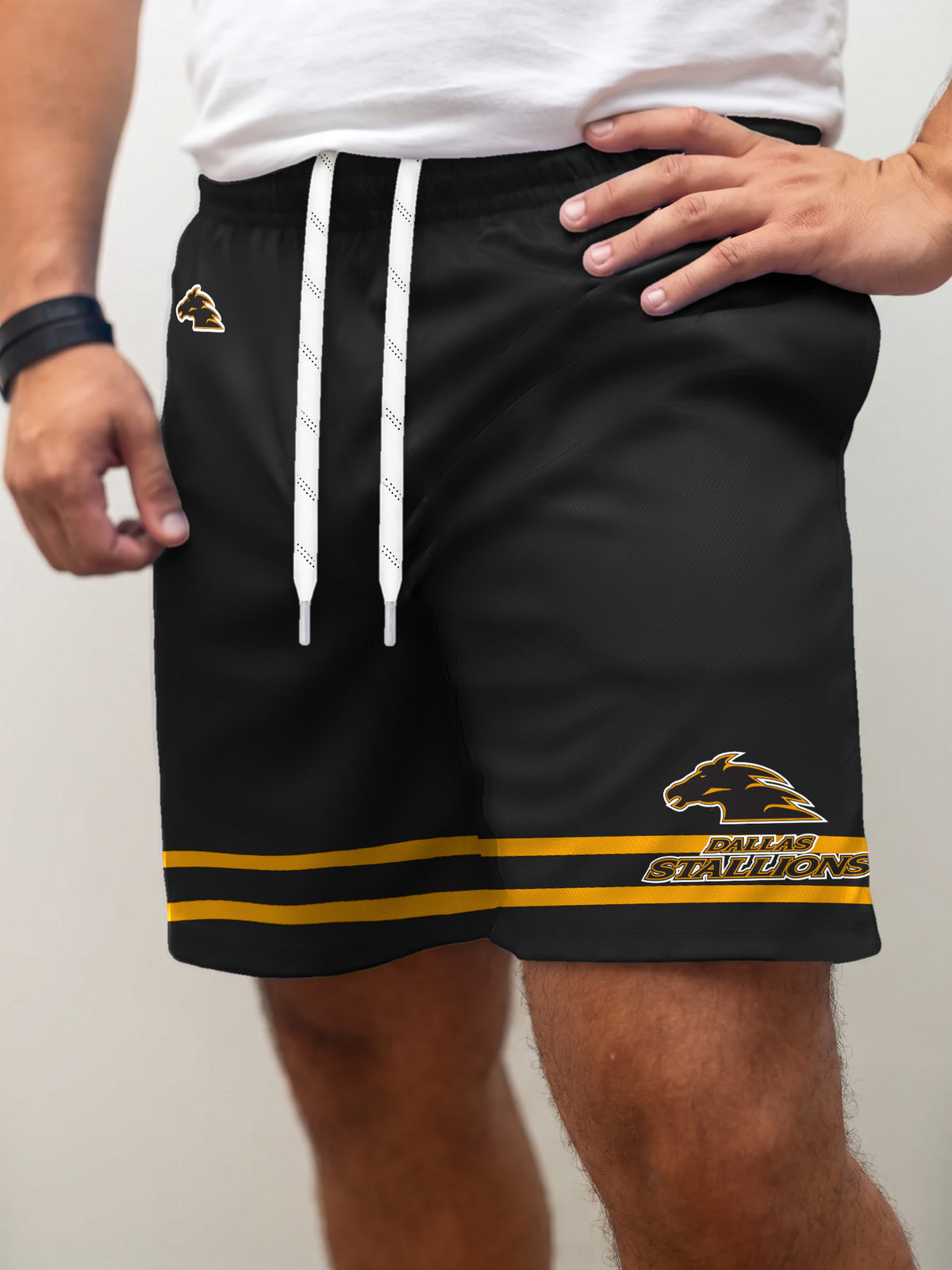 Model wearing the Bench Clearers Dallas Stallions Hockey Shorts - front view