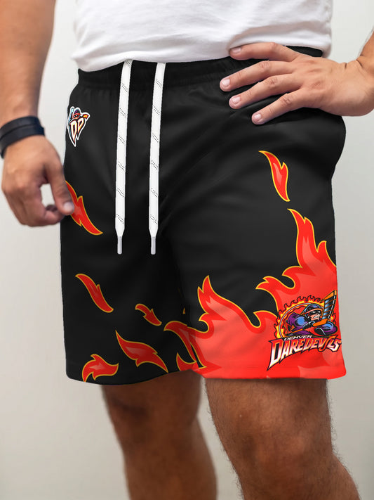 Model wearing the Bench Clearers Denver Daredevils Hockey Shorts - front view