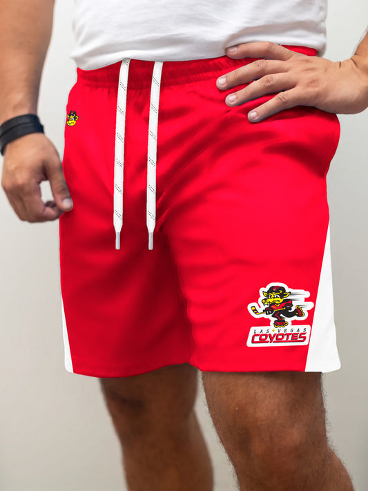 Model wearing the Bench Clearers Las Vegas Coyotes Hockey Shorts - front view