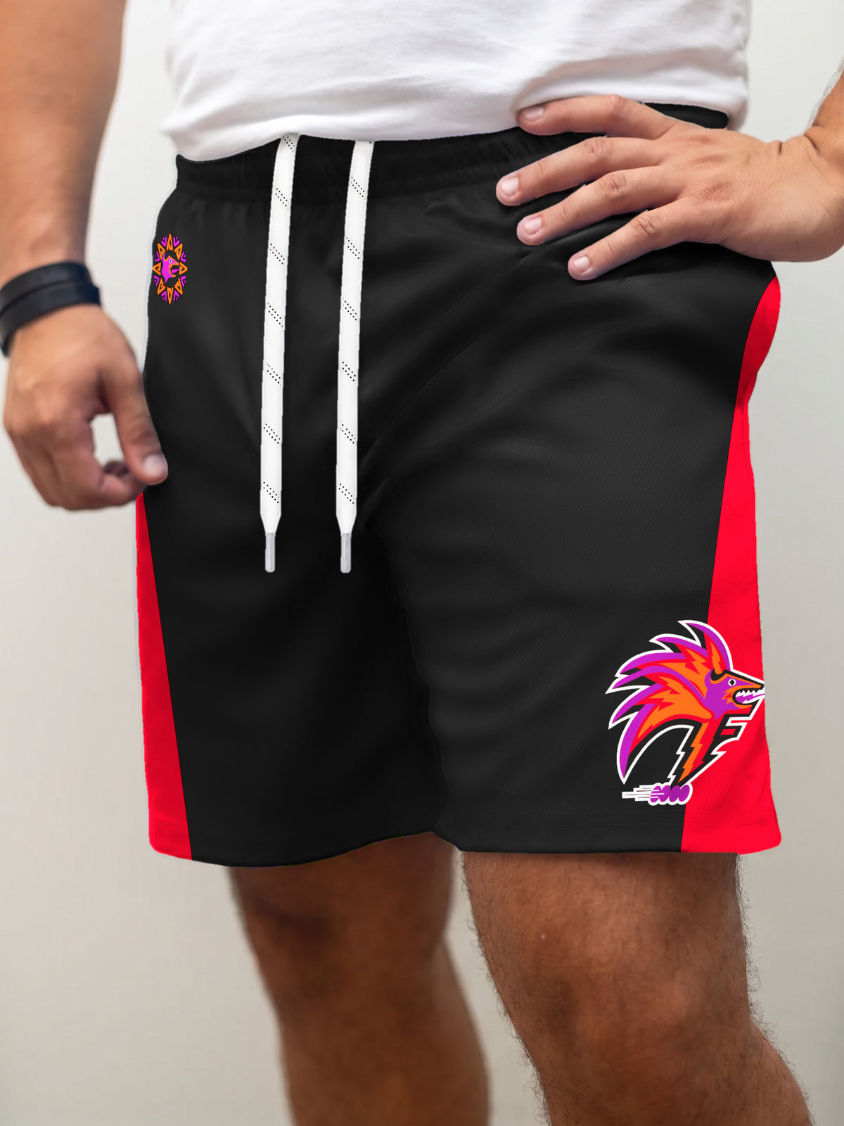 Model wearing the Bench Clearers Las Vegas Flash Away Hockey Shorts - front view