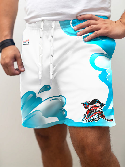 Model wearing the Bench Clearers Long Island Jawz Away Hockey Shorts - front view