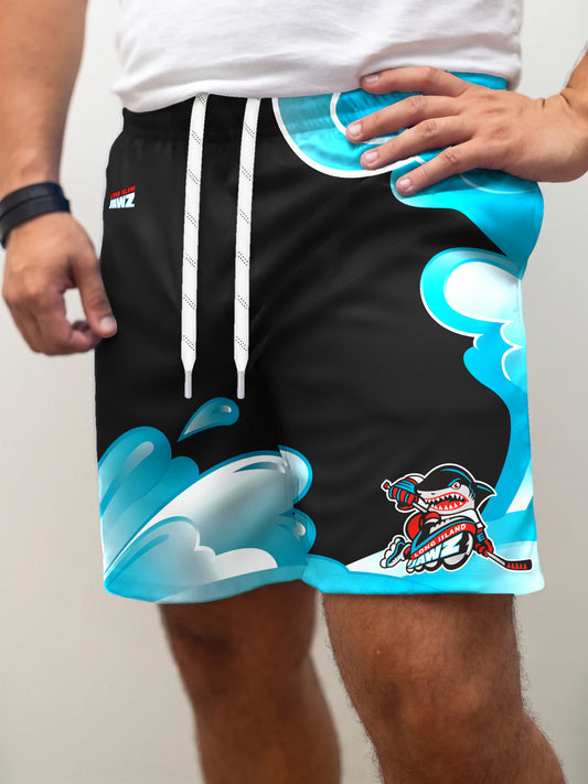 Model wearing the Bench Clearers Long Island Jawz Hockey Shorts - front view