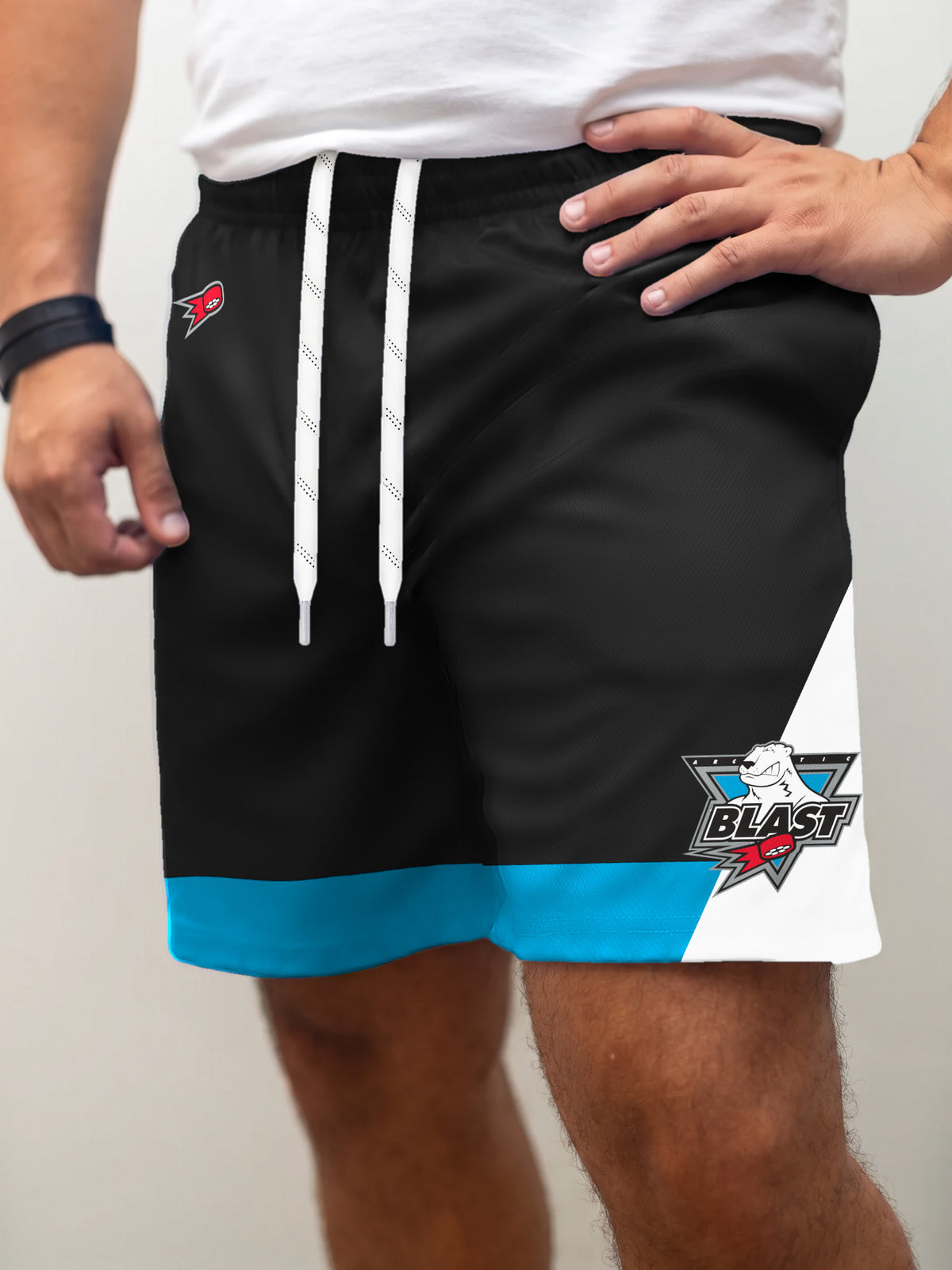 Model wearing the Bench Clearers Minnesota Arctic Blast Hockey Shorts - front view