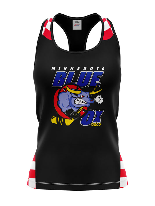 Bench Clearers Minnesota Blue Ox Women's Racerback Hockey Tank - 3D FRONT
