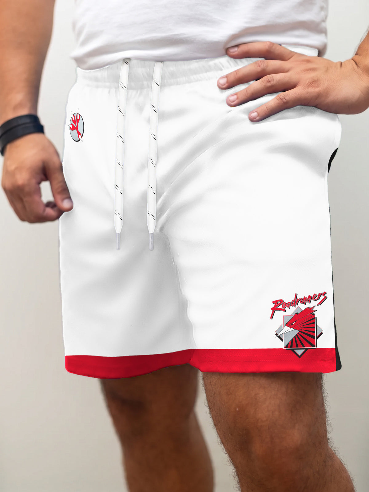 Model wearing the Bench Clearers Montreal Roadrunners Away Hockey Shorts - front view