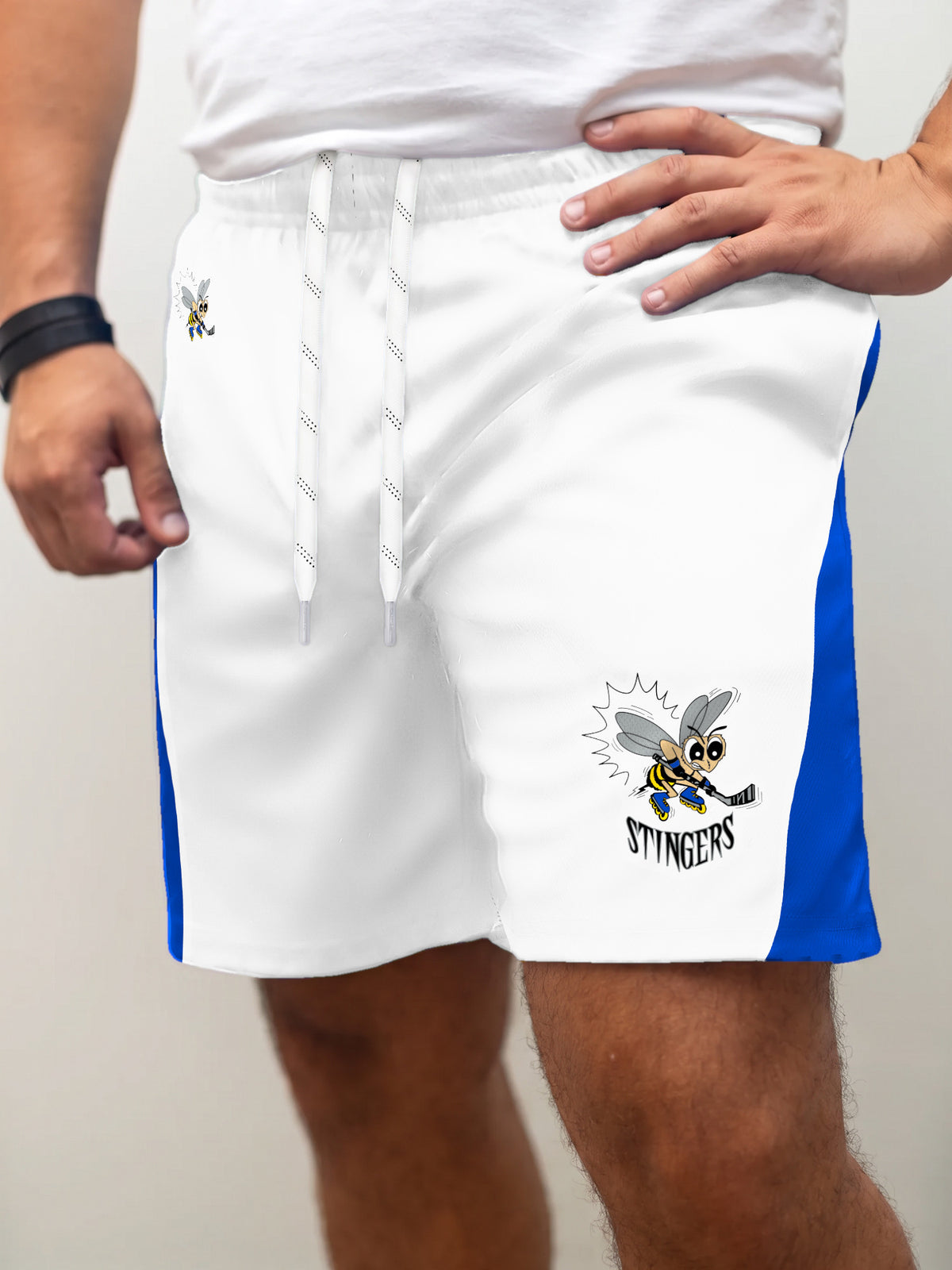 Model wearing the Bench Clearers New England Stingers Away Hockey Shorts - front view