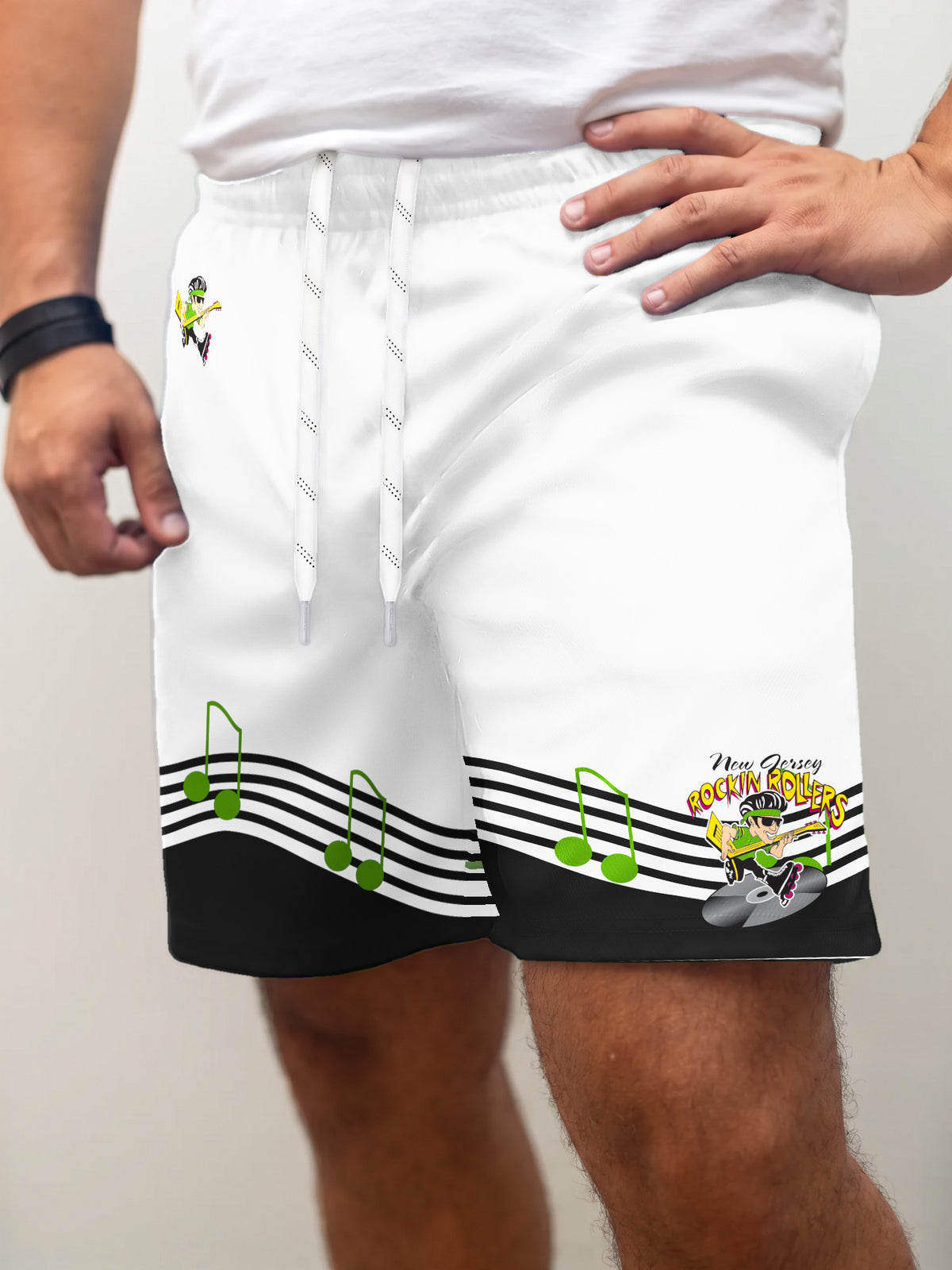 Model wearing the Bench Clearers New Jersey Rockin' Rollers Away Hockey Shorts - front view