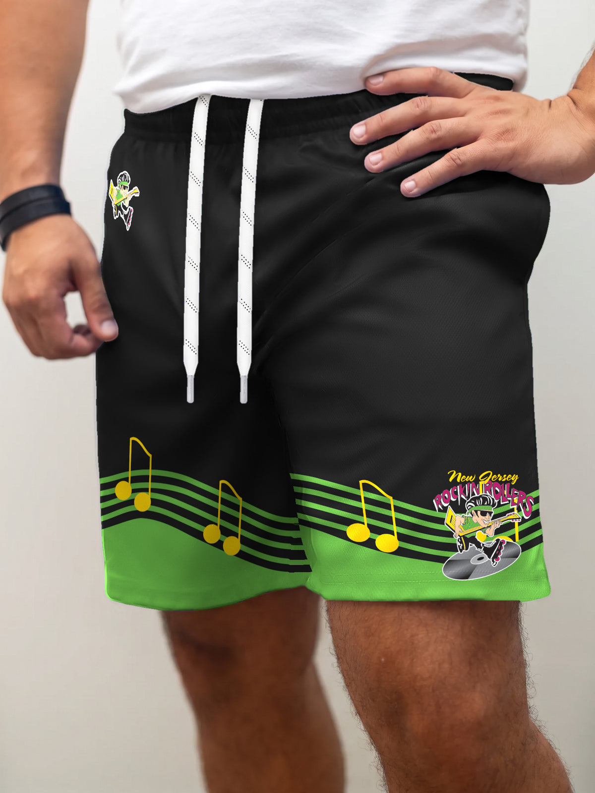 Model wearing the Bench Clearers New Jersey Rockin' Rollers Hockey Shorts - front view