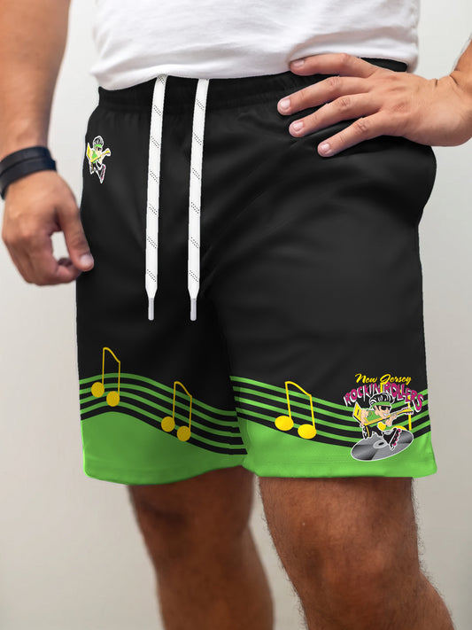 Model wearing the Bench Clearers New Jersey Rockin' Rollers Hockey Shorts - front view