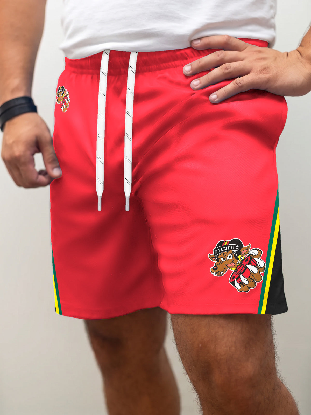 Model wearing the Bench Clearers Oklahoma Coyotes Hockey Shorts - front view