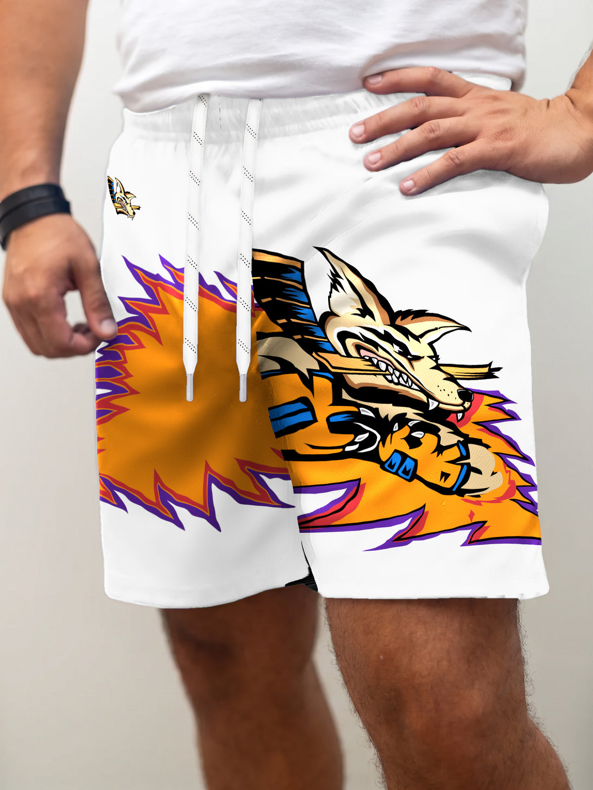 Model wearing the Bench Clearers Orlando Jackals Away Hockey Shorts - front view
