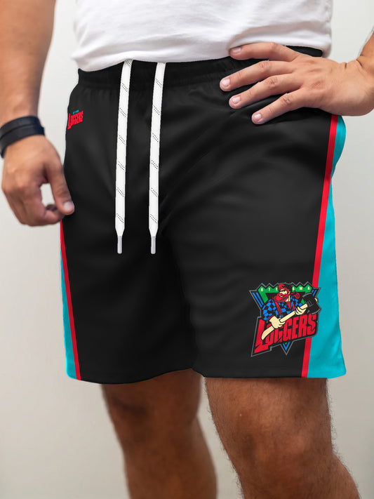 Model wearing the Bench Clearers Ottawa Loggers Away Hockey Shorts - front view