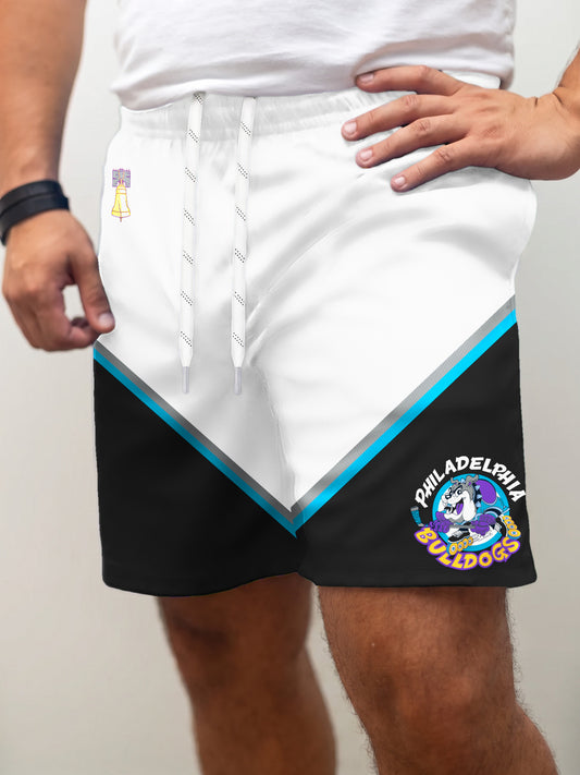 Model wearing the Bench Clearers Philadelphia Bulldogs Away Hockey Shorts - front view