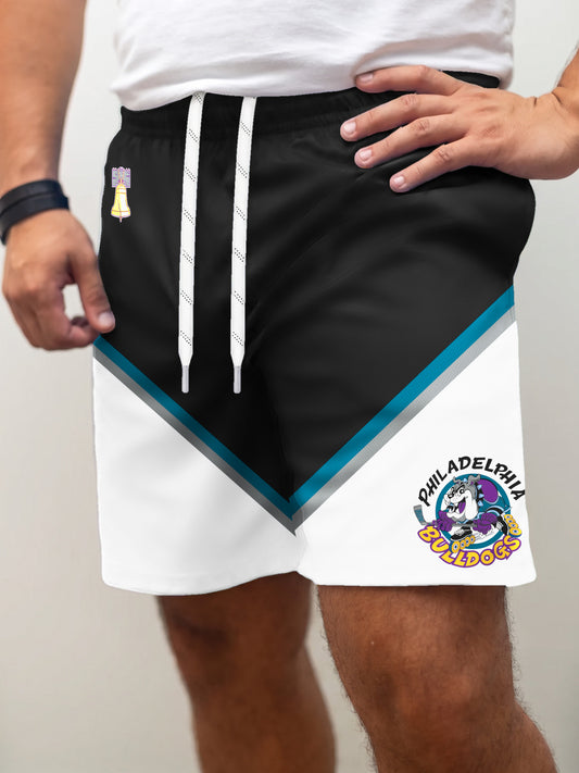 Model wearing the Bench Clearers Philadelphia Bulldogs Hockey Shorts - front view