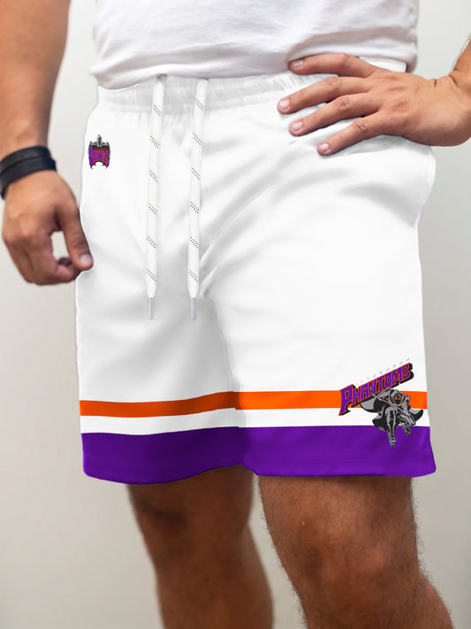 Model wearing the Bench Clearers Pittsburgh Phantoms Away Hockey Shorts - front view