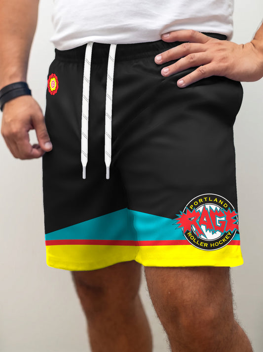 Model wearing the Bench Clearers Portland Rage Hockey Shorts - front view