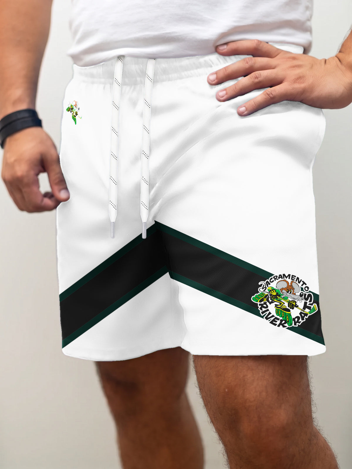 Model wearing the Bench Clearers Sacramento River Rats Away Hockey Shorts - front view