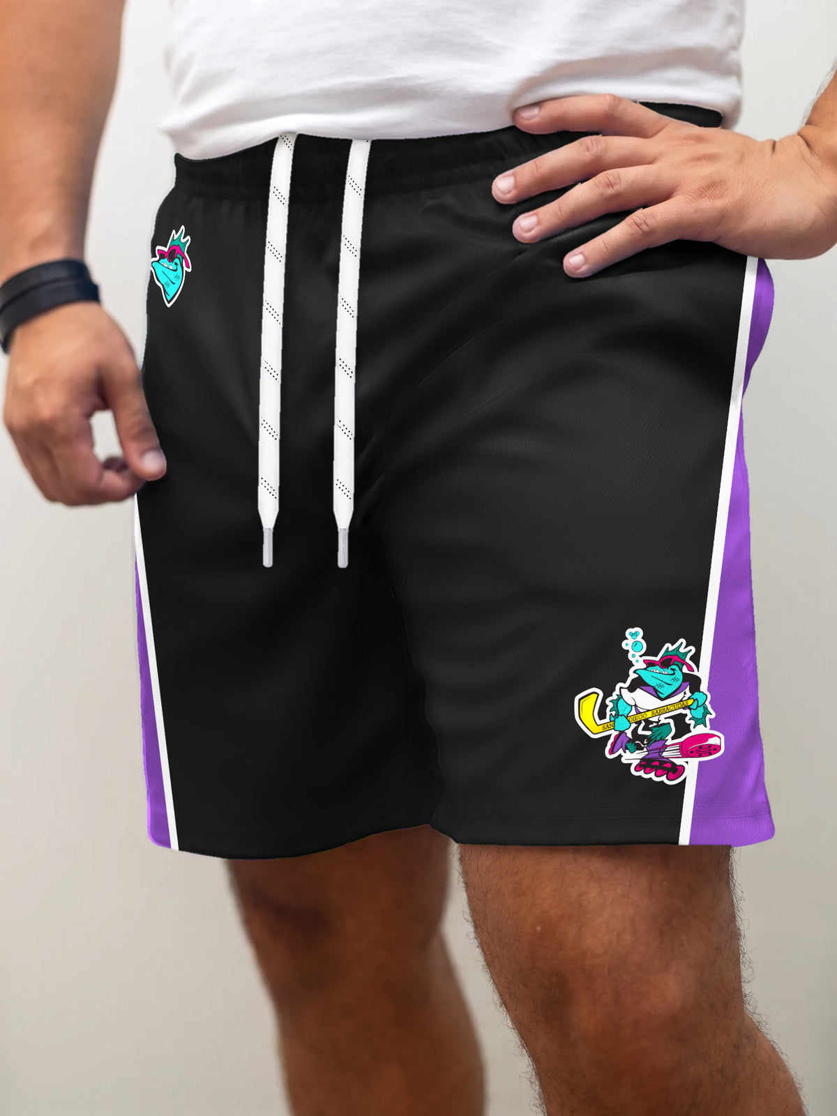 Model wearing the Bench Clearers San Diego Barracudas Hockey Shorts - front view