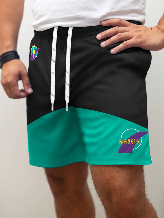 Model wearing the Bench Clearers Toronto Planets Hockey Shorts - front view