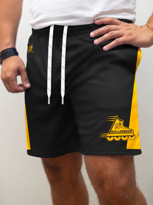 Model wearing the Bench Clearers Utah Rollerbees Hockey Shorts - front view